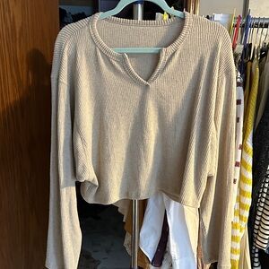 Beige Ribbed Knit Sweater - cropped - boxy and comfy